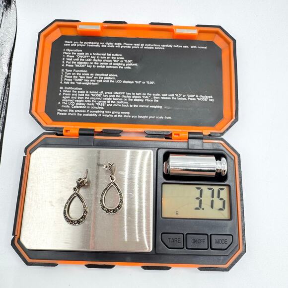 Vintage Marcasite Fleur de Lis 925 CN Sterling Silver Teardrop Earrings Tested - Picture 5 of 10